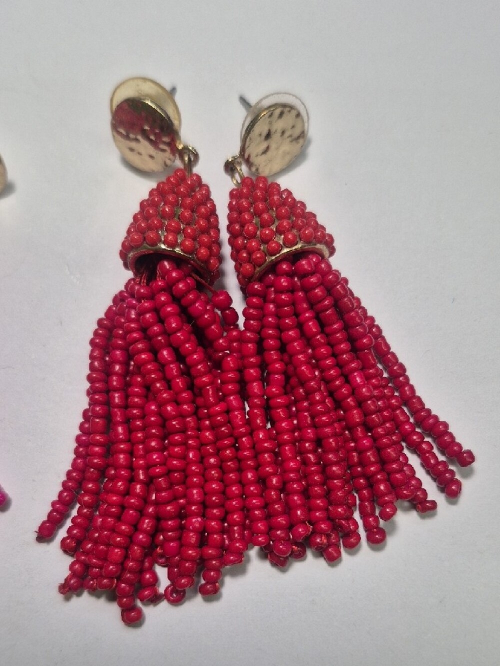 2 Pairs Beaded Tassel Earrings - Pink and Red Gold Tone - Picture 3 of 4